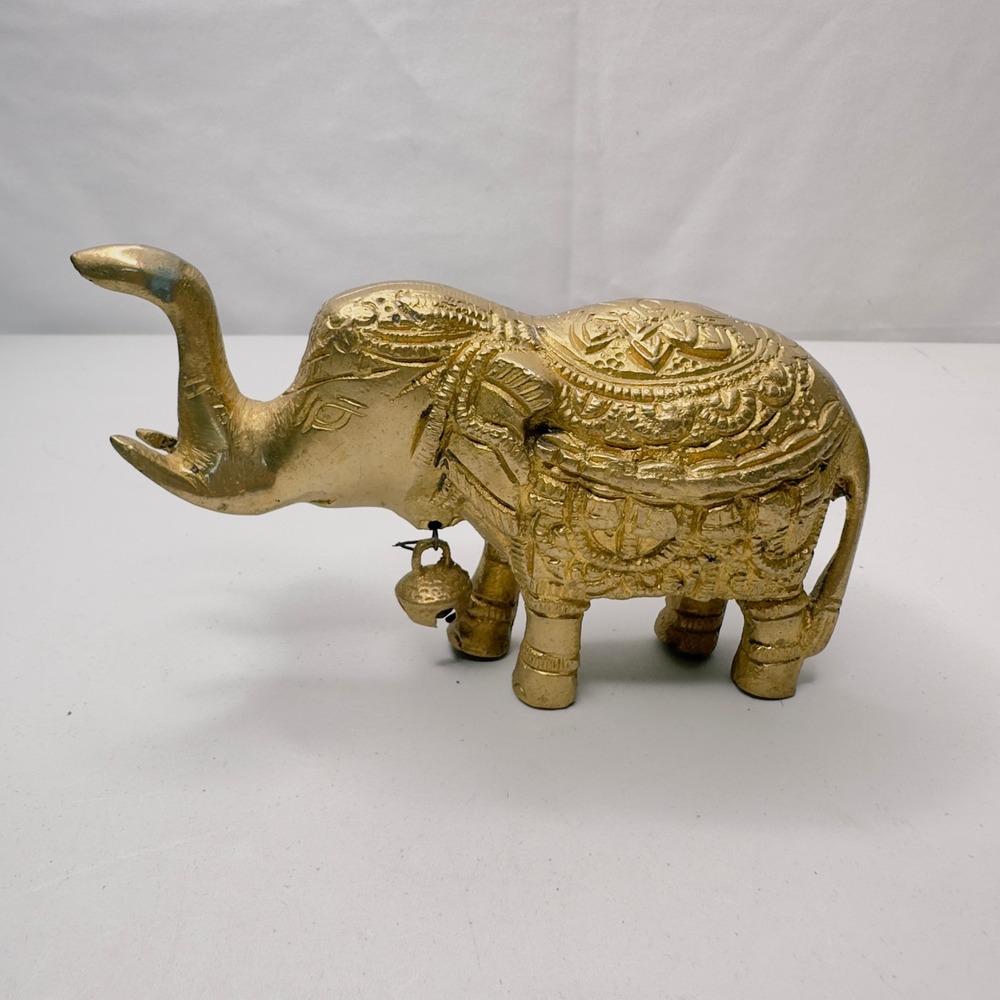 Vintage Brass Elephant Figurine with Bell Detailed Ornate Indian Decor Accent